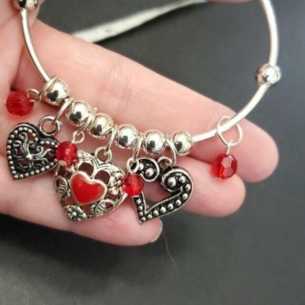 Silver tone charm bangle bracelet red enamel heart 6.25"